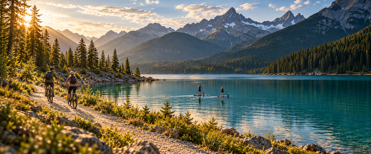 Cyclistes et planches à pagaie près d’un lac de montagne